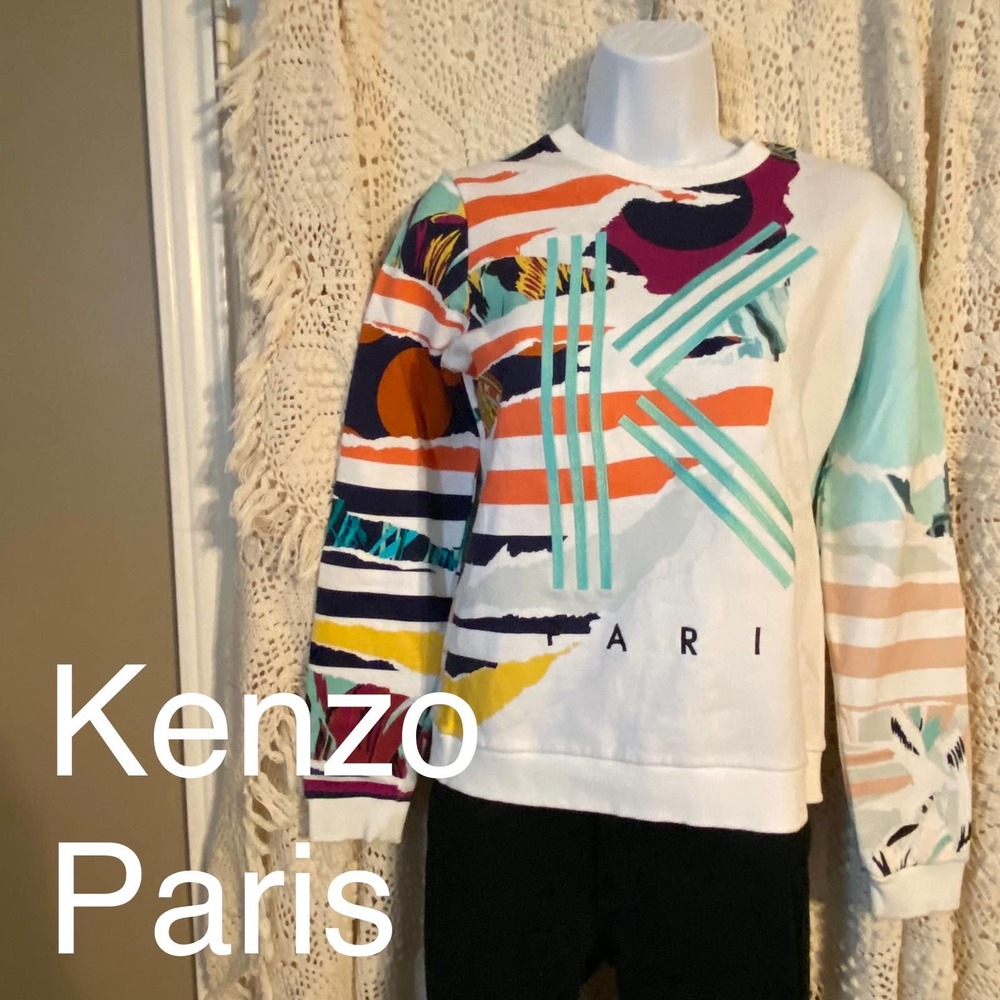 KENZO Paris Colorful Abstract Embroidery Tiger Sweatshirt White Pink Size S